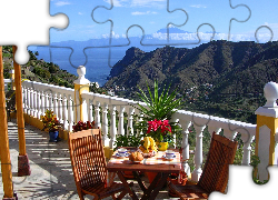 Taras, Krzesła, Stolik, Piękny, Widok, Góry