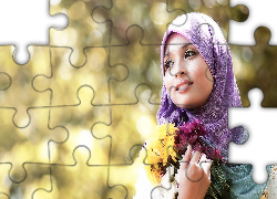 Kobieta, Szal, Bukiet, Kwiatów, Blask