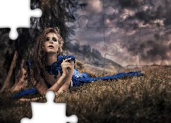 Dziewczyna, Łąka, Trawa, Drzewa