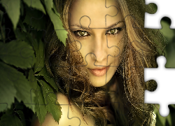 Kobieta, Makijaż, Liście