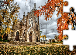 Jesień, Kościół, Liście, Drzewa