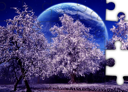 Drzewa, Śnieg, Księżyc, Grafika