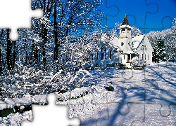 Zima, Drzewa, W Śniegu, Droga, Kościół, Światło, Cień
