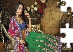 Kobieta, Sari, Fotel, Kwiaty