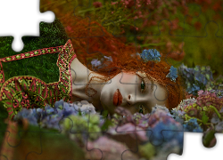 Dziewczyna, Włosy, Rude, Oczy, Zielone, Kwiaty