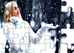 Zima, Kobieta, Padający, Śnieg