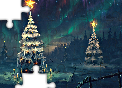Zorza Polarna, Zima, Choinki, Noc, Fantasy