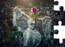 Ogród, Kobieta, Biały, Szal, Sukienka