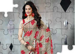 Kobieta, Strój, Sari, Makijaż, Biżuteria