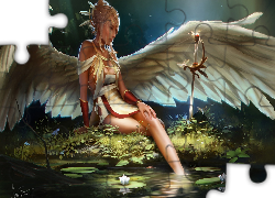 Fantasy, Kobieta, Skrzydła, Woda, Kwiaty