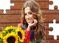 Uśmiechnięta, Dziewczyna, Słoneczniki