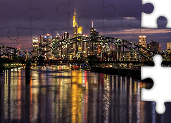 Miasto nocą, Frankfurt, Niemcy, Rzeka, Most