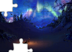 Grafika, Fantasy, Wędrówka, Ludzie, Góry, Drzewa, Zorza