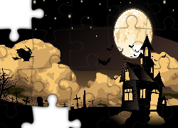 Halloween, Dom, Księżyc, Czarownica, Cmentarz, Noc