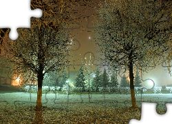 Park, Noc, Drzewa, Oświetlenie