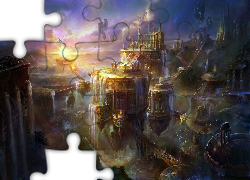 Miasto, Fantasy, Budowle, Wodospad, Zachód,Słońce