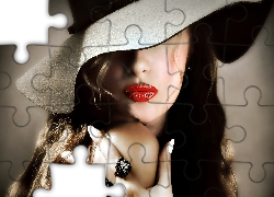 Kobieta, Pomalowane, Usta, Kapelusz, Pierścionki