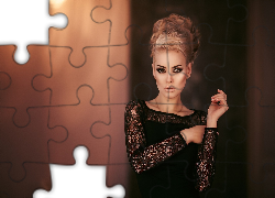 Kobieta, Kok, Makijaż, Czarna, Sukienka, Moda