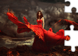 Kobieta, Czerwona, Suknia, Płomień, Chmury