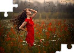 Łąka, Kobieta, Czerwona, Sukienka