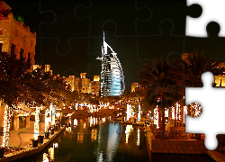 Zjednoczone Emiraty Arabskie, Dubaj, Hotel, Burdż al-Arab, Budynki, Palmy, Miasto Nocą
