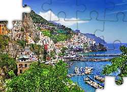 Włochy, Positano, Morze, Hotele, Góry, Łodzie, Zdjęcie miasta, Wybrzeże