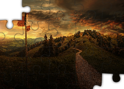 Góry, Ścieżka, Drogowskaz, Chmury, Zachód Słońca