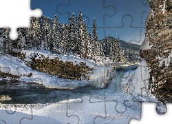 Góry, Skały, Wodospad, Las, Zima