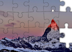 Góry, Alpy, Szczyt, Zachód Słońca, Księżyc, Śnieg