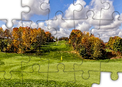 Jesień, Pole, Golfowe, Drzewa, Domek