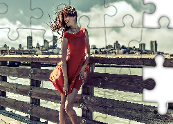 Kobieta, Czerwona, Sukienka, Most