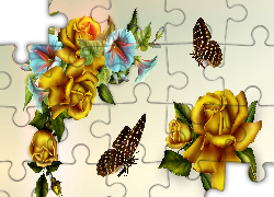 Róże, Kwiaty, Motyle, Grafika, Art