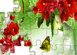 Czerwone, Tulipany, Motyle, Grafika, Art