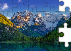 Ośnieżone, Góry, Las, Drzewa, Jezioro