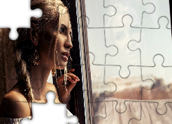 Piękna, Zamyślona, Dziewczyna, Szyba, Odbicie