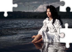 Piękna, Kobieta, Azjatka, Biała Sukienka, Woda