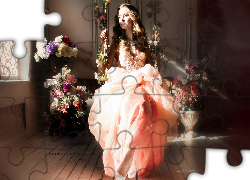 Romantyczna, Kobieta, Huśtawka, Bukiety Kwiatów, Przebijające Światło