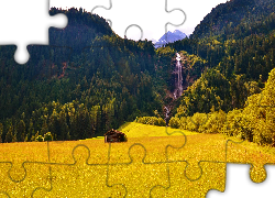 Pola, Góry, Wodospad, Domek