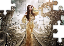 Kobieta, Brunetka, Makijaż, Biżuteria, Schody, Posągi