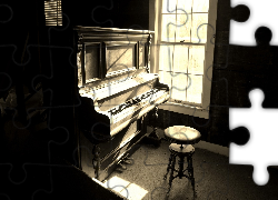 Instrument, Pianino, Stare, Zakurzone, Stołek, Okno, Słońce
