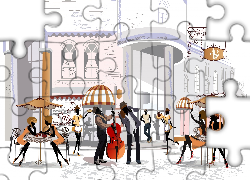 Ulica, Kawiarnia, Muzycy, Grafika, 2D
