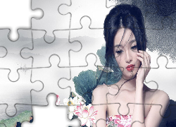 Kobieta, Azjatka, Makijaż, Kwiaty, Mgła, Góry