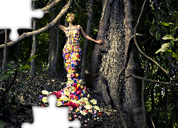 Kobieta, Suknia, Kwiaty, Las, Drzewa