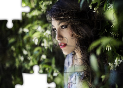 Kobieta, Modelka, Brunetka, Makijaż, Kwiaty