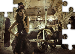 Kobieta, Modelka, Sukienka, Cylinder, Cygaro, Auto Parowe