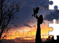 Kobieta, Matka, Dziecko, Zachód, Słońca, Drzewo