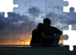 Kobieta, Mężczyzna, Zachód Słońca, Chmury