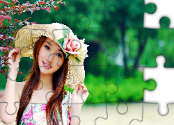 Uśmiechnięta, Azjatka, Słomkowy, Kapelusz