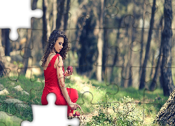 Kobieta, Czerwona, Sukienka, Las