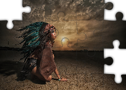 Dziewczyna, Indianka, Zachód Słońca, Pióropusz